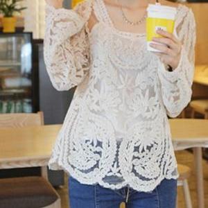 * * Sheer Long Sleeve Beige Lace Top - Floral Lace..