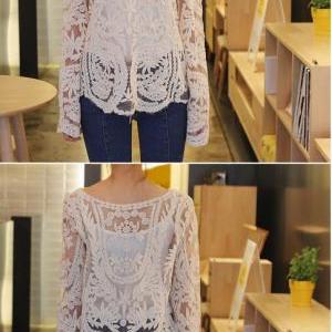* * Sheer Long Sleeve Beige Lace Top - Floral Lace..