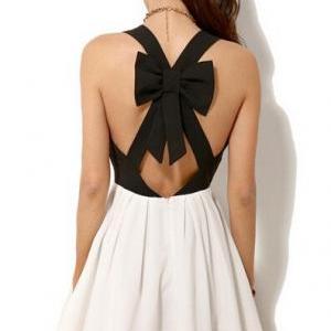 * Ship* Black And White Backless Bow Mini Dress..