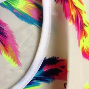 * Ship* Rainbow Feather Print Chiffon Blouse
