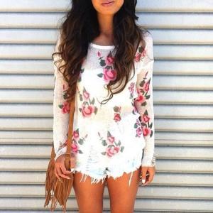 * Ship* Wild Roses Ripped Sweater - White -..