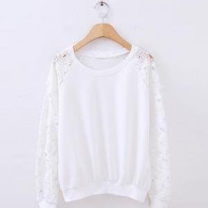 * Ship* Lace Sleeves White Sweatshirt - 18504