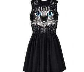Yellow Doodle Cat Print Dress