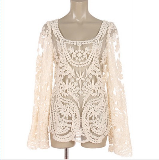 * * Sheer Long Sleeve Beige Lace Top - Floral Lace Crocher Cute Korean Style Asian Japanese Fashion
