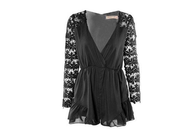 * Ship* Long Sleeves Floral Print And Lace Jumpsuits - Black- 1905113601