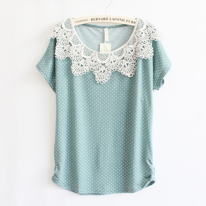* Ship* Loose Fit Dot Pattern Lace T Shirt - Kawaii Mint - 1892589609