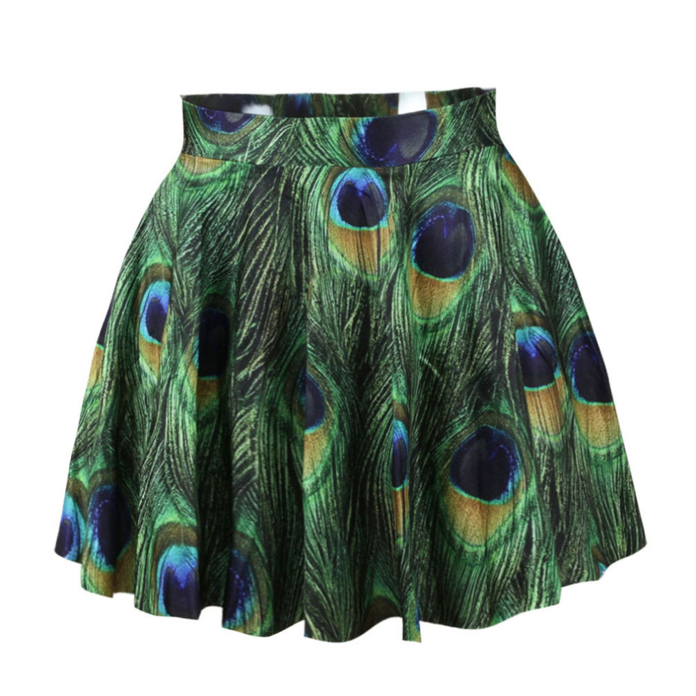 * Ship* Peacock Feather Print Pleated Mini Skater Skirt - 1947734559