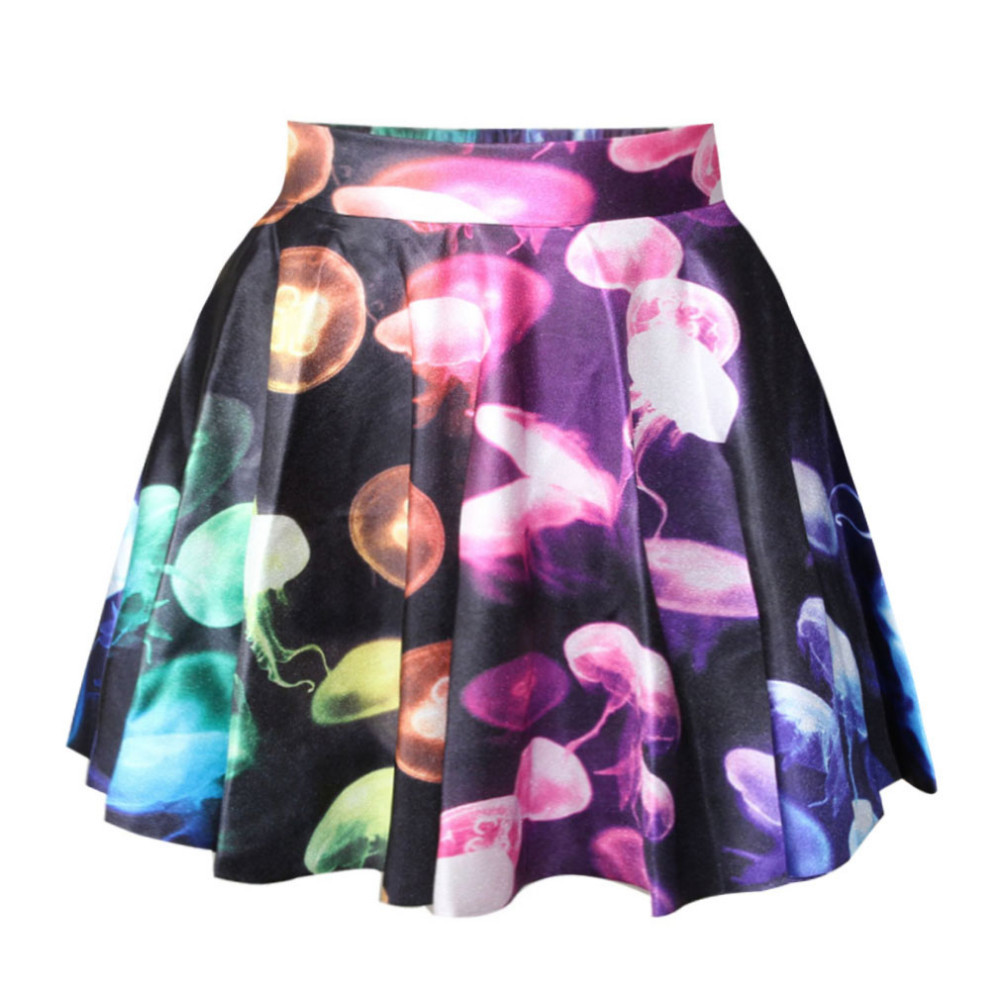 * Ship* Jellyfish Galaxy Print Pleated Mini Skater Skirt - 1948113348