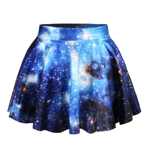 * Ship* Dark Blue Galaxy Print Pleated Mini Skater Skirt - 1849970799