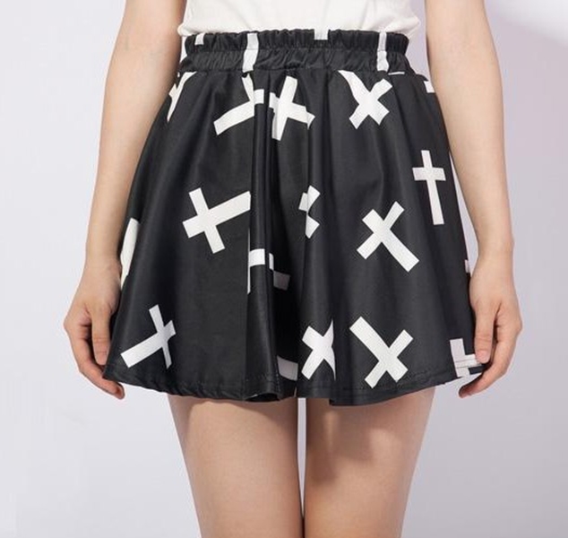 * Ship* Black And White Cross Print Pleated Mini Skater Skirt - 1597587817