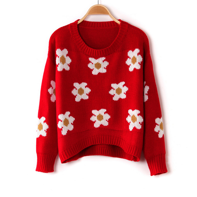 * Ship* Daisy Pattern Woolen Sweater - Red - 1125518967