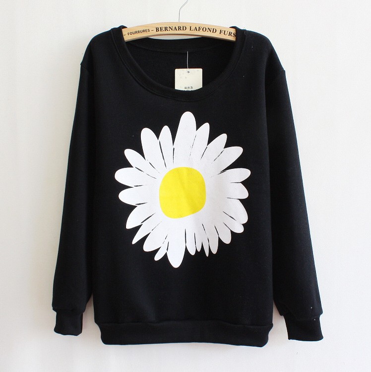 * Ship* Women Flower Daisy Floral Pattern Sweatshirt Sweater Fleece Winter Fall - Black Red Grey White Mint