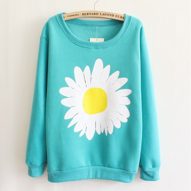 * Ship* Women Flower Daisy Floral Pattern Sweatshirt Sweater Fleece Winter Fall - Black Red Grey White Mint