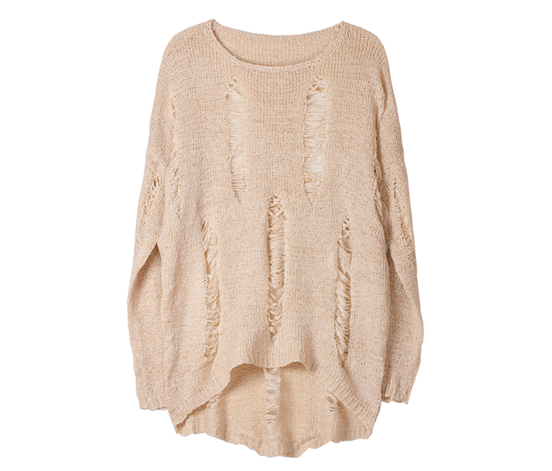 Korean Style Loose Fit Torn Ripped Sweater Knit Jumper Made In Korea Casual Long Oversized - Beige Or Grey