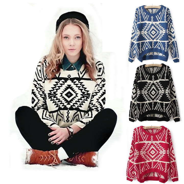 Aztec Sweater Knit Knitted Jumper Oversized Oversize Women Tribal