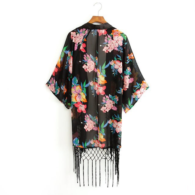 * Ship* Floral Print Tassel Chiffon Kimono 1859056860 on Luulla